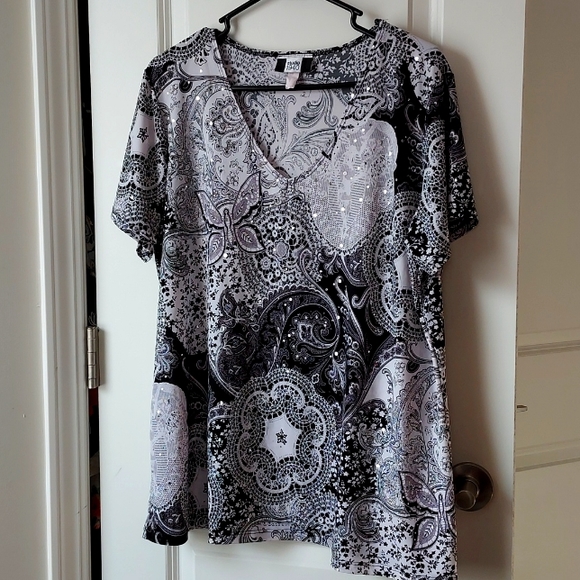 Studio 1940 18/20 short sleeve top/blouse black white with sparkle grey beads - Picture 1 of 9